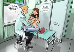 1boy au_(artist) boli-blog comic doctor doctor_on_patient exam_table female holding_breast text_bubble unprofessional_behavior