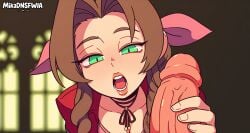 aerith_gainsborough after_handjob ai_generated braided_ponytail brown_hair cleavage dark_roomlong_hair erection female final_fantasy green_eyes hair_ribbon half-closed_eyes large_penis looking_at_penis looking_at_viewer male medium_breasts mikadnsfwia open_mouth parted_bangs penis perspective pov sidelocks solo_focus teeth thick_lips upper_body wavy_hair