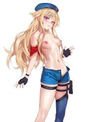 absurdres armband asymmetrical_legwear beret black_gloves blonde_hair blue_hair blue_hat blue_nails blue_shorts blue_thighhighs blush breasts brown_pubic_hair chinese_commentary commentary cowboy_shot female female_pubic_hair fingerless_gloves fingernails gloves hair_flaps hat highres himehina_channel holster long_hair looking_at_viewer medium_breasts multicolored_hair nail_polish navel nipples nose open_clothes open_fly open_shorts pocket pubic_hair purple_eyes red_armband short_shorts shorts simple_background single_thighhigh smile solo standing stomach streaked_hair suzuki_hina teeth thigh_holster thigh_strap thighhighs thighs topless_female virtual_youtuber white_background z.boat