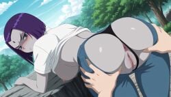 1boy ai_generated anus ass ass_grab bent_over black_panties blue_sky blush breasts closed_mouth clothes_lift clothing_aside cloud colored_skin day dc dc_comics denim female forehead_jewel forest from_behind grey_skin large_breasts looking_at_viewer looking_back nature nipples no_bra outdoors panties panties_aside pout purple_eyes purple_hair pussy rachel_roth raven_(dc) shirt shirt_lift short_hair short_sleeves sky solo_focus straight teen_titans tree uncensored underwear white_shirt