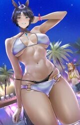 2girls absurdres animal_ears arm_behind_head bead_bracelet beads bikini black_hair blue_eyes blue_shorts blush bracelet breasts brown_eyes brown_hair female female_only from_below fuji_kiseki_(umamusume) grin highres horse_ears horse_girl horse_tail jewelry jitome_no_tsugumi jungle_pocket_(umamusume) large_breasts layered_bikini looking_at_another navel pink_nails pool short_hair shorts smile stomach swimsuit tail tomboy umamusume white_bikini yellow_bikini