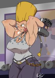 1girls armpits ass background belt big_ass big_breasts blush breasts chains clothed clothed_female clothing curvy_female dogtags dynamo_roller_(character) face_markings gym headphones jeans muscular muscular_female nipple_outline ponytail reflection rickdiojames sweat sweatdrop weightlifting weights yellow_eyes yellow_hair