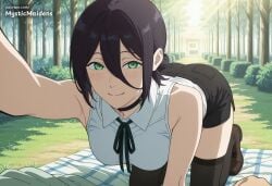 ai_generated all_fours anime anime_style artist_name bare_shoulders black_choker black_hair black_ribbon black_shorts black_thighhighs blanket blush breasts brown_footwear bush chainsaw_man choker closed_mouth collared_shirt day female grass green_eyes hair_between_eyes hair_bun hentai hi_res looking_at_viewer medium_breasts mystic_maidens neck_ribbon outdoors patreon patreon_username pov reze_(chainsaw_man) ribbon shirt shoes short_hair shorts single_hair_bun sleeveless sleeveless_shirt smile sunlight thighhighs tree white_shirt