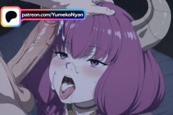 1boy 1girl after_fellatio ahegao ai_generated aura aura_(sousou_no_frieren) bangs bar_censor bed bed_sheet blue_eyes blush braid censored chain choker collar collarbone cum cum_in_mouth cum_on_body cum_on_hair cum_on_tongue cum_string dragon_horns ejaculation erection eyebrows_visible_through_hair face facial fangs frieren fucked_silly gloves grabbing_another's_hair half-closed_eyes hand_on_another's_head head_grab heart heavy_breathing hetero horns huge_penis indoors large_penis leash licking long_hair looking_at_another looking_at_viewer male_pubic_hair nose_blush on_bed open_mouth out_of_frame penis penis_awe petting pillow pink_hair precum pubic_hair purple_eyes purple_hair purple_skin red_collar rolling_eyes round_teeth saliva saliva_trail short_hair smile solo_focus sousou_no_frieren spikes sweat tears teeth testicles tiara tongue tongue_out uncensored upper_body upper_teeth v-shaped_eyebrows veins veiny_penis white_gloves