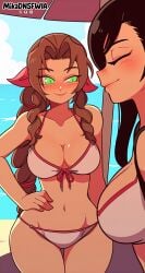 2girls aerith_gainsborough ai_generated alternate_breast_size belly black_hair blush braided_ponytail brown_eyes brown_hair cleavage closed_eyes final_fantasy green_eyes hair_ribbon hand_on_own_hip large_breasts lips long_hair low-tied_long_hair medium_breasts mikadnsfwia navel outdoors parted_bangs red_eyes shiny_skin sidelocks smile tifa_lockhart wavy_hair wide_hips