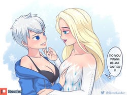 1girls blonde_hair crossover disney disney_princess dreamworks elsa_(frozen) fanon_couple female frozen_(film) frozen_2 hair_down jack_frost jack_frost_(rise_of_the_guardians) medium_breasts rise_of_the_guardians rudy_saki rule_63 short_hair yuri