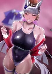absurdres animal_ears black_one-piece_swimsuit blunt_bangs bow breasts commentary_request competition_swimsuit ear_bow female gold_ship_(umamusume) grey_hair highleg highleg_one-piece_swimsuit highres horse_ears horse_girl horse_tail jacket jitome_no_tsugumi large_breasts long_hair one-piece_swimsuit open_clothes open_jacket pillbox_hat purple_eyes red_jacket solo swimsuit tail thighhighs track_cat umamusume white_thighhighs