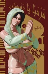 1girls arabic_text big_breasts bikini_bottom black_hair brown_eyes female female_only freckled_face freckles freckles_on_ass freckles_on_breasts freckles_on_chest freckles_on_face freckles_on_shoulders freckles_on_thighs green_clothing large_breasts large_thighs light-skinned_female looking_at_viewer oerba_yun_fang palms_together sangsangatsange shawl short_hair slim_thick small_waist solo solo_female tagme thick_thighs thigh_highs twitter_link wide_hips