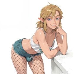 1boy 1femboy 2026 ai_generated alternate_version_available ass balls bent_over big_ass biting_finger biting_own_finger black_fishnet_pantyhose black_fishnets blonde_hair blue_eyes blush bulge crossdressing femboy feminine_male fishnet_pantyhose fishnets girly jean_shorts koisuki_(civitai) link looking_at_viewer nipple nipple_slip pointy_ears shorts smile smiling solo tank_top testicles the_legend_of_zelda thick_thighs thighs top topwear trap white_background white_tank_top white_top white_topwear