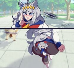 2girls agnes_tachyon_(umamusume) animal_ears ass between_buttocks big_ass bottom_heavy bubble_butt clothing dialogue fat_ass female female_only horse_girl huge_ass large_ass meme oguri_cap_(umamusume) redraw sebs_i_art size_difference tail tamamo_cross_(umamusume) text thick_ass thick_thighs umamusume unaware white_hair wide_hips