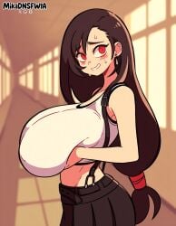 ai_generated black_hair brown_eyes brown_hair cowboy_shot female final_fantasy from_side gigantic_breasts hands_on_own_breasts large_breasts long_hair looking_at_viewer low-tied_long_hair mikadnsfwia red_eyes solo sweatdrop three_quarter_view tifa_lockhart upper_body