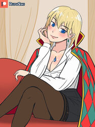 1girls blonde_hair blue_eyes blue_necklace blush cleavage clothing crossed_legs earrings female_focus female_only genderswap_(mtf) head_on_hand howl's_moving_castle howl_(character) howl_no_ugoku_shiro looking_to_the_side necklace rudy_saki rule_63 short_skirt solo solo_female stockings studio_ghibli