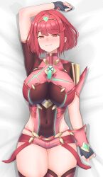 absurdres arm_up armor armpits bed_sheet black_gloves blush breasts closed_mouth clothing_cutout commentary_request core_crystal_(xenoblade) covered_armpit covered_collarbone covered_navel eyelashes female female_only fingerless_gloves gloves highres huge_breasts impossible_clothes looking_at_viewer lying medium_hair meipasuye micro_shorts on_back pyra pyra_(xenoblade) red_eyes red_hair red_shorts red_thighhighs shorts shoulder_armor side_cutout skindentation smile solo swept_bangs thick_thighs thighhighs thighs tiara xenoblade_chronicles_(series) xenoblade_chronicles_2