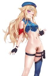 absurdres armband asymmetrical_legwear beret black_gloves blonde_hair blue_hair blue_hat blue_nails blue_thighhighs blush bottomless breasts brown_pubic_hair buttons chinese_commentary commentary cowboy_shot crop_top female female_pubic_hair fingerless_gloves fingernails gloves hair_flaps hat highres himehina_channel holster long_hair looking_at_viewer medium_breasts multicolored_hair nail_polish navel nose one_eye_closed pubic_hair purple_eyes red_armband shirt simple_background single_thighhigh sleeveless sleeveless_shirt smile solo standing stomach streaked_hair suzuki_hina teeth thigh_holster thigh_strap thighhighs thighs white_background z.boat