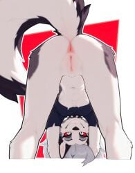 1girls ai_generated anthro anus ass canid canid_demon canine canis clothing collar crop_top demon female fluffy fluffy_tail fur genitals grey_body grey_fur hair hellaverse hellhound helluva_boss hi_res looking_back loona_(helluva_boss) mammal navel presenting presenting_anus presenting_pussy pussy raised_tail red_sclera shirt silver_hair simple_background smile solo spiked_collar spikes tail topwear white_body white_eyes white_fur