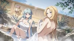 alpha_(kagejitsu) commentary crunchyroll english_commentary epsilon_(kagejitsu) exposed_back highres hot_springs kage_no_jitsuryokusha_ni_naritakute! kage_no_jitsuryokusha_ni_naritakute!_master_of_garden official_art onsen the_eminence_in_shadow towel towel_over_breasts