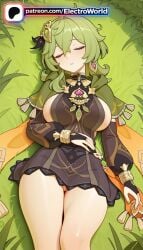 1girls 2026 ai_generated artist_name breasts bust chest collei_(genshin_impact) dandelion earrings electroworld female field genshin_impact grass green_hair hi_res high_quality high_resolution highres jewelry laying_down leaf lying lying_on_back on_back on_grass on_ground patreon patreon_username plant sleeping solo stable_diffusion under_tree watermark