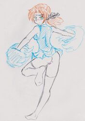 1girls ass blue_shirt blue_skirt blush cheerleader cheerleader_uniform commando going_commando green_eyes hair_ribbon my_life_me no_panties orange_hair orochivan pom_poms ponytail pussy sandra_le_blanc sketch spinning thighhighs upskirt white_background white_socks