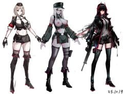 ammunition_pouch bob_cut boots breasts breasts_out burety75200 cleavage cross dress gun hat highres kneehighs large_breasts looking_at_viewer medium_breasts military_hat military_uniform miniskirt necktie nipples original panty_straps pencil_skirt pouch revealing_clothes short_dress simple_background skirt socks thigh_strap weapon white_background