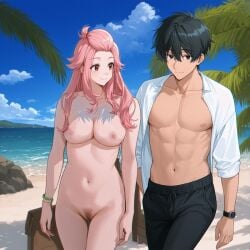 1boy 1boy1girl 1girls ai_generated beach black_eyes black_hair bracelet breasts casual casual_nudity clothed clothed/nude clothed_male clothed_male_nude_female cloud completely_naked completely_naked_female completely_nude completely_nude_female couple couple_love etra-chan_saw! female fit fit_female happy hourglass_figure hourglass_figured_female kuroki_(etra-chan_saw!) leaf looking_at_partner looking_at_viewer male male/female medium_breasts muscular muscular_male naked naked_female nipples nude nude_edit nude_female nude_filter pink_eyes pink_hair pubic_hair pussy rock sand smile smiling smiling_at_partner smiling_at_viewer swimming_trunks swimwear unbuttoned unbuttoned_shirt vagina watch water white_shirt wholesome wholesome_nudity youtube yuri_(etra-chan_saw!)