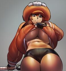 1girls alternate_breast_size big_breasts bike_shorts black_gloves breasts brown_hair busty child_bearing_hips cleavage clothing curvy female female_only fingerless_gloves fully_clothed gloves grey_background guilty_gear guilty_gear_strive hair_between_eyes hat highres hoodie hoodie_lift huge_breasts large_breasts lifted_by_self long_sleeves looking_at_viewer looking_down may_(guilty_gear) medium_hair navel no_bra ph pirate_hat presenting presenting_breasts red_eyes shiny_clothes shiny_hair shiny_skin simple_background smile smiling solo standing teasing thick_thighs underboob undressing voluptuous wide_hips