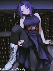 ai_generated arm_support artist_name bare_arms bare_shoulders belt black_pants blue_hair blush boku_no_hero_academia boots breasts building cameltoe city city_lights cityscape closed_mouth cross-laced_footwear dress english_text fanbox_username female half-closed_eyes kimetsu_no_yaiba knee_boots knee_up lace-up_boots lady_nagant large_breasts leg_up looking_at_viewer medium_breasts medium_hair mionety multicolored_hair night night_sky outdoors pants parted_bangs patreon_username pink_hair purple_eyes purple_hair railing red_belt shirt short_hair sitting sky skyscraper sleeveless sleeveless_dress sleeveless_shirt sleeveless_sweater sleeveless_turtleneck smile solo streaked_hair turtleneck two-tone_hair underwear virtual_youtuber