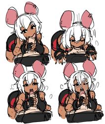 1boy 1boy1girl 1girls absurdres alina_(zanamaoria) animal_ears animal_humanoid bike_shorts breasts colored_sketch comic cum cum_on_hair dark_skin deepthroat ear_piercing erection facial fellatio fingerless_gloves gloves handjob highres large_breasts looking_at_viewer mouse_ears mouse_girl one_eye_closed oral original original_character penis piercing pov rat sketch sports_bra square_4koma straight sweat white_hair zanamaoria