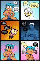 1boy 1girls 2d bed_sheet before_sex big_belly big_penis big_thighs big_waist black_eyes blank_eyes blue_body blue_hair breasts breasts_out cat_eyes closed_eyes comic comic_page crying crying_with_eyes_closed demon_and_angel digital_media ear_piercing ear_ring earrings english_dialogue english_text enormous_penis erect_penis erection eyebrows_visible_through_hair fani_(muyhiram) fat fat_cock fat_male female giant_penis incubus_tail laying_on_back laying_on_bed male male/female male_and_female_focus medium_breasts monster_cock moxie_(muyhiram) mullet muyhiram overweight overweight_male penis penis_bigger_than_torso penis_on_stomach sharp_claws sheets shocked shocked_expression short_hair shoulder_angel shoulder_devil sobbing straight sweatdrop veiny_penis white_hair