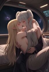 2girls ai_generated animated bedroom blonde_hair blushing_at_partner closed_eyes detached_sleeves dress elf_female female/female female_only green_eyes hugging_partner large_breasts light-skinned_female long_hair lovers loving_couple married_couple original passionate pointy_ears red_eyes romantic_couple shoulderless_dress sitting_on_lap space spaceship_interior stars tagme twintails video white_hair wife_and_wife window yuri