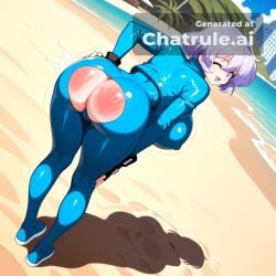 1990s 1girl ai_assisted ai_generated back_view beach big_breasts blue_bodysuit bodysuit bouncing_breasts building camel_toe cropped_jacket curvy dutch_angle dynamic_angle erect_nipples fingerless_gloves full_body gloves grabbing_butt happy hip_focus jacket light_purple_eyes looking_at_viewer looking_back looking_behind motion_lines open_mouth shiny_skin smile spanking_butt standing toned_body underbutt wide_hip winking