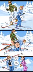 1boy 2girls au_(artist) blonde_hair boli-blog comic from_behind nipple_bulge outdoors public_sex sex snow text_bubble