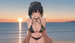 1boy ai_generated beach bikini black_bikini black_hair blush breasts choker cleavage collarbone dark-skinned_male dark_skin female female_rover_(wuthering_waves) grabbing grabbing_another's_breast guided_breast_grab guiding_hand hair_ornament hairclip large_breasts looking_at_viewer navel o-ring o-ring_bikini ocean outdoors pov rover_(wuthering_waves) sky smile solo_focus straight sun sunset swimsuit wuthering_waves yellow_eyes