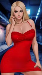 ai_generated beautiful big_breasts blonde_hair blue_eyes breasts favorite_form female female_scp human_form light-skinned_female light_skin looking_at_viewer modelling red_dress scp scp-056 scp_containment_breach scp_foundation shapeshifter shapeshifter_girl solo unknown_artist