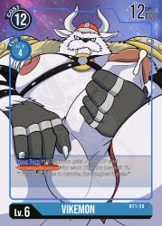 absurd_res anthro areola armor balls bandai_namco belly blue_eyes bodily_fluids card digimon digimon_(species) english_text erection fur gendomx genital_fluids genitals harness headgear helmet hi_res horn horned_helmet male masturbation musclegut muscular nipples o-ring pecs penis playing_card precum solo text vikemon white_body white_fur