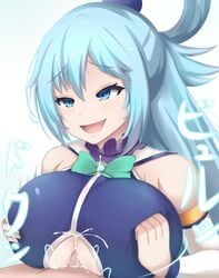 1boy 1girls alternate_breast_size aqua_(konosuba) big_breasts blue_eyes blue_hair breasts cum cum_between_breasts cum_on_breasts cum_through_clothes ejaculation_between_breasts energy_drain female goddess huge_breasts kono_subarashii_sekai_ni_shukufuku_wo! large_breasts long_hair male nipples nipples_visible_through_clothing paizuri paizuri_under_clothes renetan straight