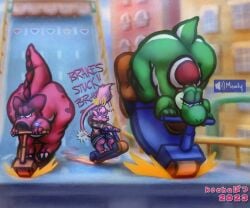 2023 3boys accidental_circumstance anus anus_lick ass ass_sniffing asshole big_ass bike birdo boots comic comic_page face_in_ass facesitting gay green_skin green_yoshi kochapatsu mario_(series) mario_party mario_party_7 mew nintendo pokemon rimming shoes tricked trio yoshi