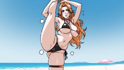 ai_generated armpits beach bikini black_bikini bleach bleach:_the_thousand-year_blood_war blue_eyes blue_sky breasts day female hd jewelry large_breasts leg_up long_hair looking_at_viewer matsumoto_rangiku meitabuu micro_bikini mole mole_under_mouth navel necklace ocean orange_hair outdoors side-tie_bikini_bottom sky solo split standing standing_on_one_leg standing_split sweat swimsuit thigh_strap umbrella