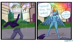 anthro areola barefoot black_border blue_areola blue_body blue_feathers blue_fur blue_nipples blueycitrus border breasts closed_eyes clothing comic cutie_mark dialogue english_text equid equine eyelashes feathered_wings feathers feet female friendship_is_magic front_view fur genitals hair hand_on_hip hasbro hi_res hooves mammal multicolored_hair my_little_pony mythological_creature mythological_equine mythology navel nipples nude oblivious pegasus public public_nudity rainbow_dash_(mlp) small_breasts solo speech_bubble text thick_thighs vulva wardrobe_malfunction white_border wide_hips wings