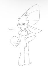 annoyed anthro balls bashful big_claws claws fan_character genitals humanoid looking_back male missing_arm monochrome nintendo nude onearmdude penis pokemon pokemon_(species) richie_(onearmdude) solo solo_focus standing three-quarter_view