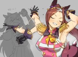 >_< 3girls adjusting_hair afterimage agnes_digital_(umamusume) animal_ears armpits arms_up asymmetrical_gloves bakushin_o_armpit_gif_(meme) bare_arms black_gloves blush bow breasts brown_hair camera closed_eyes epaulettes flowerpigeon gloves gold_hairband grey_background greyscale grin hairband hairbow high_ponytail highres holding holding_camera horse_ears horse_girl jujutsu_kaisen medium_breasts meme mismatched_gloves monochrome multiple_girls multiple_memes naoya_hair_flip naoya_hitting_choso_without_looking_(meme) neckerchief open_mouth partially_colored pink_shirt pleated_skirt ponytail puffy_short_sleeves puffy_sleeves sailor_collar sailor_shirt sakura_bakushin_o_(blossom_in_learning)_(umamusume) sakura_bakushin_o_(umamusume) sakura_chiyono_o_(umamusume) school_uniform shirt short_sleeves skirt sleeveless sleeveless_shirt smile steaming_body sweat sweaty_armpits tracen_school_uniform twintails umamusume white_gloves white_shirt yellow_neckerchief
