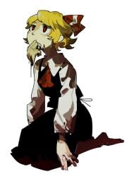 ascot black_skirt black_vest blonde_hair blood blood_on_clothes blood_on_mouth bow bumi35903802 cannibalism chinese_commentary clenched_teeth collared_shirt commentary_request facing_ahead female full_body guro hairbow hands_on_floor highres human_meat_consumption kneeling long_sleeves looking_up red_ascot red_bow rumia seiza severed_hand shirt short_hair simple_background sitting skirt solo teeth touhou vest white_background white_shirt