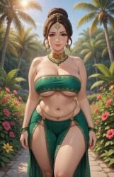 1girls afternoon ai_generated bangle belly_button belly_chain black_hair bursting_breasts cleavage earrings female flowers forehead_jewelry garden gold_necklace green_clothing grok hair_bun hair_ornament hair_strand indian indian_clothes indian_female jewelry large_breasts lipstick mole_on_breast nature_background necklace palm_tree pavement pelvic_curtain pelvic_line revealing_clothes rgomez007 self_upload smiling_at_viewer solo_female stable_diffusion standing sunlight thick_lips thick_thighs traditional_clothes underboob updo wide_hips