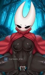 ai_generated big_breasts black_nipples black_skin blush cum_in_pussy half-closed_eyes hollow_knight hornet_(hollow_knight) looking_at_viewer red_cloak sex sitting_on_person thick_thighs watermark white_mask