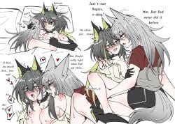 2girls animal_ears arknights arrow_(symbol) bite_mark bite_mark_on_breast bite_mark_on_shoulder black_choker black_hair black_shorts blush breasts choker cleavage commentary crying crying_with_eyes_open embarrassed english_commentary english_text eye_contact face-to-face fingering green_eyes grey_hair grey_tail hair_between_eyes head_on_pillow heads_together heart hickey hug long_hair looking_at_another material_growth medium_breasts medium_hair mon3tr_(arknights) multiple_girls nose_blush oripathy_lesion_(arknights) pillow projekt_red_(arknights) saliva short_sleeves shorts simple_background spoken_heart tail tears tecchan_15 twitter_username watermark white_background yellow_eyes yuri