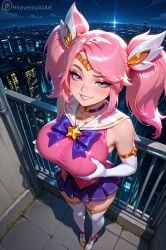 ai_generated clothed cupping_breasts grin heavenly_art holding_breast large_breasts league_of_legends looking luxanna_crownguard pink_eyes pink_hair raised_eyebrow riot_games star_guardian_lux teasing_viewer