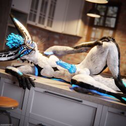 1:1 3d_(artwork) absurd_res animal_genitalia animal_penis anthro anthro_on_anthro balls biped black_body black_fur blender_(artwork) blender_cycles_(artwork) blue_body blue_fur blue_penis canid canine canine_genitalia canine_penis canis claws clothing depth_of_field digital_media_(artwork) dragonplayer dragonplayer_(character) erection fox fur genitals grey_body grey_fur hair hand_on_knee hand_on_leg hi_res hybrid inside jex kitchen kitchen_counter knot lying male mammal multicolored_body nude on_side paws penis reflection rexouium slim slim_anthro slim_male slim_sub smile solo submissive submissive_male tail teasing teasing_viewer white_body white_fur