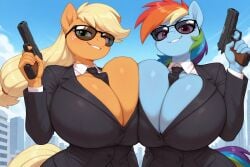 ai_generated anthro applejack_(mlp) big_breasts black_clothing blonde_hair blue_body blue_fur breasts city city_background clothed clothing cloud equid equine eyelashes eyewear female fingers friendship_is_magic fur green_eyes gun hair hi_res holding_object holding_weapon horse huge_breasts looking_at_viewer mammal multicolored_hair my_little_pony orange_body orange_fur pegasus pony purple_eyes rainbow_dash_(mlp) ranged_weapon solo suit sunglasses weapon wings