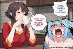 ai_assisted ai_generated aqua_(konosuba) black_hair blue_eyes blue_hair blue_sweater choker cleavage closed_eyes crying cup drinking fatest_squirrel hair_bobbles hair_ornament hair_rings holding_cup kono_subarashii_sekai_ni_shukufuku_wo! large_breasts long_hair mature_female megumin off-shoulder_sweater open_mouth raised_eyebrows red_dress ribbed_sweater screaming short_hair short_hair_with_long_locks single_hair_ring skinny small_breasts sweater_dress tears tongue upper_body very_long_hair