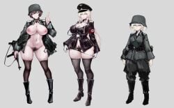 3girls ammunition_pouch armband belt black_boots black_hat black_jacket black_panties black_socks blonde_hair blue_eyes boots breasts breasts_out brown_hair burety75200 canteen cleavage closed_mouth combat_helmet commentary commission cross epaulettes female female_pubic_hair full_body german_clothes gloves gun hat helmet highres iron_cross jacket kneehighs large_breasts long_hair looking_at_viewer medium_breasts military military_hat military_jacket military_uniform mp40 multiple_girls navel nazi nipples original panties parted_lips peaked_cap pouch pubic_hair short_hair simple_background smile socks solo ss_insignia stahlhelm stomach striped_clothes striped_panties submachine_gun tongue tongue_out underwear weapon wehrmacht white_background white_gloves world_war_ii