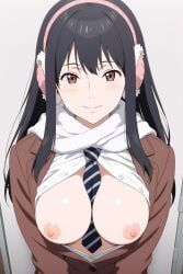 ai_generated breasts breasts_out exposed_breasts exposed_nipples female female_focus female_only happy happy_expression jacket kimishima_kana kiseijuu medium_breasts nipples parasyte_the_maxim shirt solo solo_female solo_focus striped_tie tie unbuttoned unbuttoned_shirt
